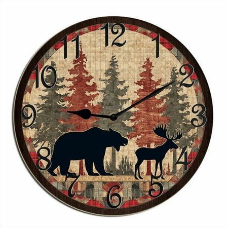 Kurmntregon Cabin Bear Wall Clock Forest Wildlife Mountain Lodge Wooden Non Ticking Silent Quartz Bedroom Living Room Office Gym Kitchen Bathroom Patio Decor Decorative Clocks Round 10