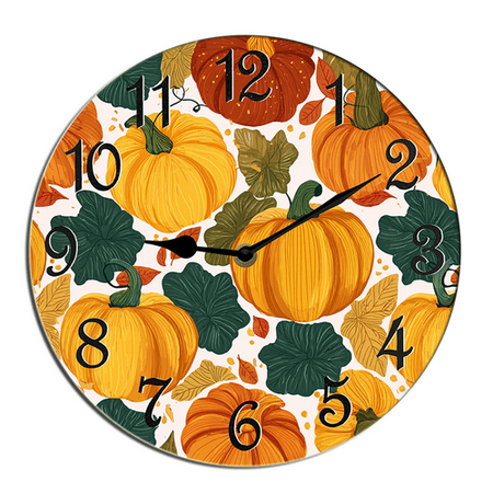Kurmntregon Fall Pumpkins Wall Clock Autumn Harvest Wooden Decorative Silent Non Ticking Decorative Clock For Living Room, Kitchen, Home,Bathroom, Bedroom, Office Or School Shop Hotel Round 10