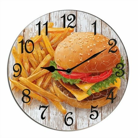 Kurmntregon Hamburger Wall Clock French Fries Fast Food Wooden Silent Non-Ticking Desk Clock Decorative For Living Room Home Office School Wall Decoration Shop Hotel Round 10