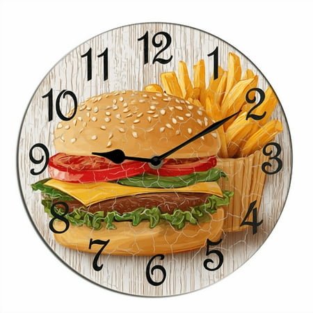 Kurmntregon Hamburger Wall Clock French Fries Fast Food Wooden Silent Non Ticking Battery Operated Wood Clock For Bedroom Bathroom Living Room Office School Kitchen Shop Hotel Round 10