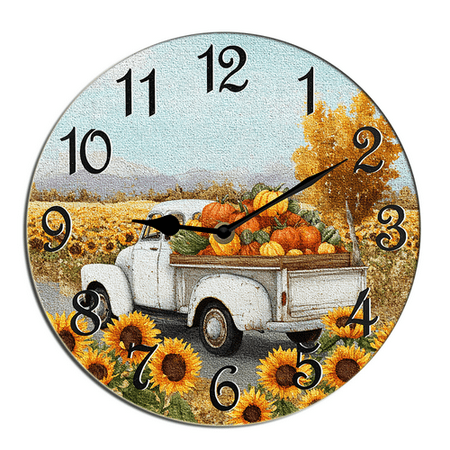 Kurmntregon Old Truck Pumpkins Wall Clock Fall Harvest Sunflowers Wooden Silent Non Ticking Battery Operated Rustic Farmhouse Clocks Decorative For Living Room Bedroom Office Shop Hotel Round 10