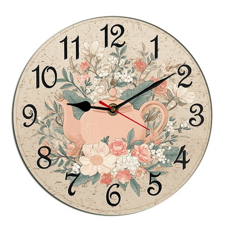 Kurmntregon Teapot Wall Clock Afternoon Tea Floral Wooden Non Ticking Silent Quartz Bedroom Living Room Office Gym Kitchen Bathroom Patio Decor Decorative Clocks Round 10