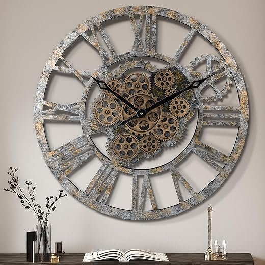 Lafocuse 23 Inch Real Moving Gear Wall Clock, Steampunk Wooden Large Wall Clock for Living Room Decor, Farmhouse