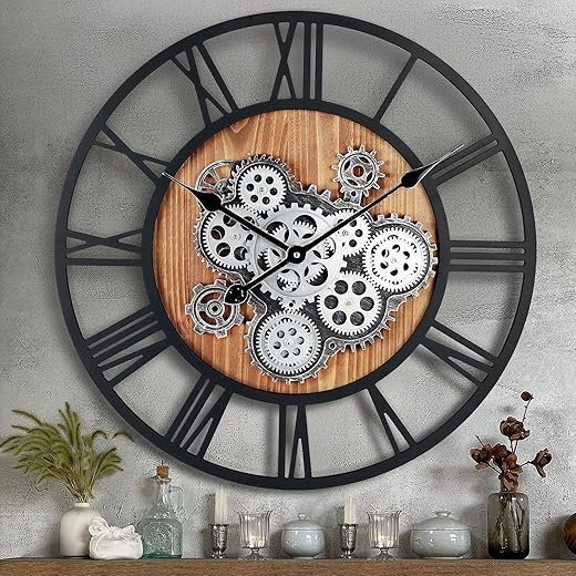 Lafocuse 23 Inch Real Moving Gear Wall Clock, Steampunk Wooden Large Wall Clock for Living Room Decor