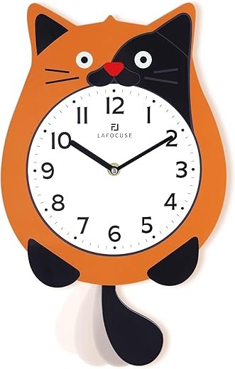 Lafocuse Cat Wall Clock with Swinging Tail, Orange Cat Clocks Analog for Kids Bedroom, Cute Animal Clock Battery Operatedfor Living Room Home Décor