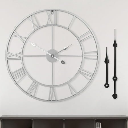 Large 16 Wall Clock Modern Vintage Design, Silent No Ticking Roman Numerals, Iron Frame Battery Powered for Home Office Classroom Decor, Silver