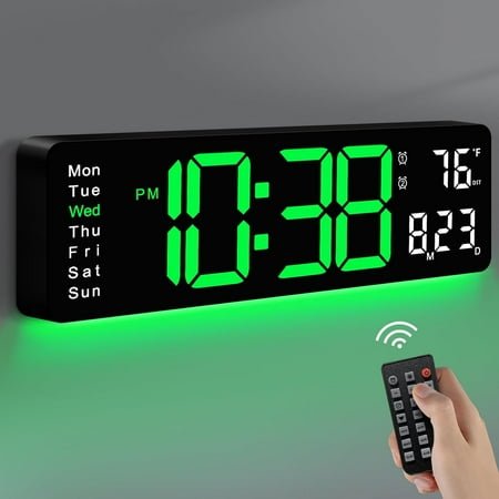 Large Digital Wall Clock with Remote Control, RGB Atmosphere Lights with 11 Scenes Mode, Dual Alarms with Big LED Display, Auto DST, Temperature for Classroom Gaming
