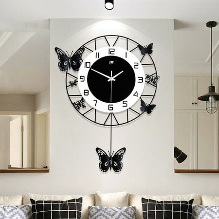 Large Metal Quartz Clock, Butterfly Shape, Wall-mounted Clock for Living Room Office Black