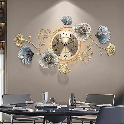 Large Metal Wall Clocks with Led Light,Silent Creative Decorative Clock,3D Ginkgo Leaf Wall Clocks for Living Room Bedroom Kitchen Office Decor (33.6 X 20 inch)