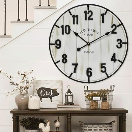 Large Old Town Farmhouse Wall Clock 24 Inch Rustic Antique Wood with Metal Circle and Large Numerals Silent Battery Operated Wall Clock for Office Kitchen Bedroom Living Room