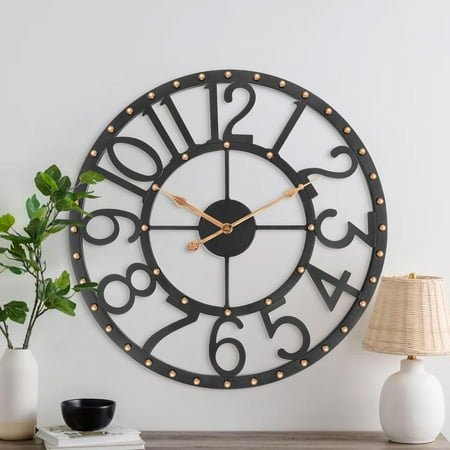 Large Wall Clock, 24 Inch Black Industrial Decor Wall Clock, Silent Non-Ticking Wall Clock Battery Operated, Indoor Outdoor Clock Decorative for Living Room, Bedroom, Dining Room, Patio