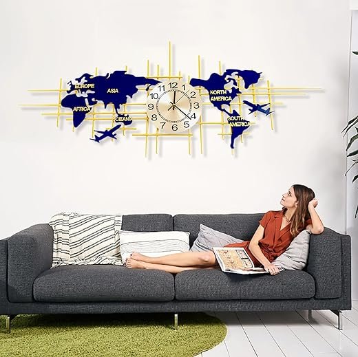 Large Wall Clocks for Living Room Decor,37.8 Inch Modern Wall Clock Silent Quartz 3D Clock,World Map Wall Clock Handmade Iron Frameless Clock, Home Decorations for Bedroom Kitchen Office