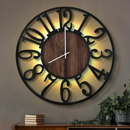 Large Wall Clocks with Night Light Battery Operated,Silent Non Ticking,Rustic Modern Big Wood Clock for Living Room, Bedroom,Kitchen,Farmhouse,Office,Home Decor-24 Inch(Black-Arabic Number)
