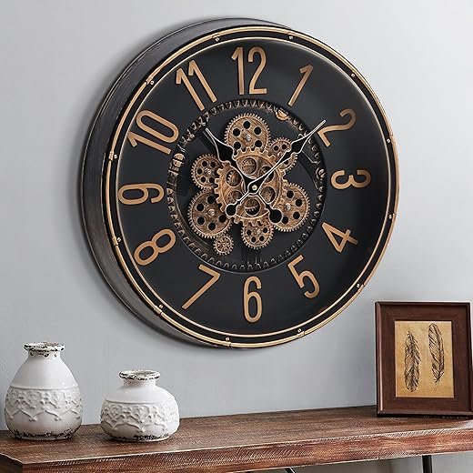 Large Wall Clock with Moving Gear, 50cm / 20 Inch Retro Wall Clock for Living Room Decor, Industrial Steampunk Decorative Wall Clock Vintage Bronze Gold Retro Wall Clock for Farmhouse Home