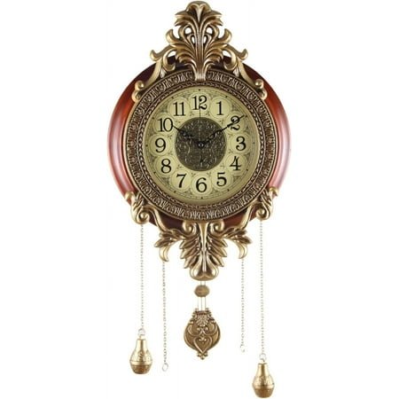 **large wall clock with pendulum, real wood retro style, battery operated, vintage royal decor for home living bedroom