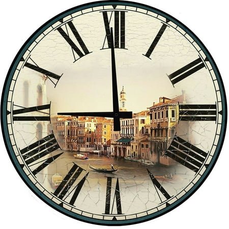 Large Wood Wall Clock 24 Inch Round Italy Venice River Round Small Battery Operated Wall Art