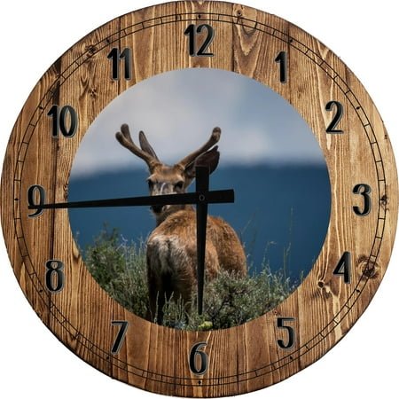 Large Wood Wall Clock 24 Inch Round Whitetail Deer Hunting Wall Art Open Field Round Small Battery Operated
