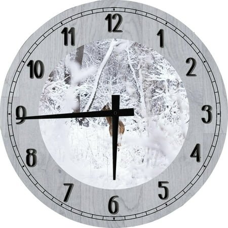 Large Wood Wall Clock 24 Inch Round Whitetail Deer Hunting Wall Art Snow White Round Small Battery Operated Gray
