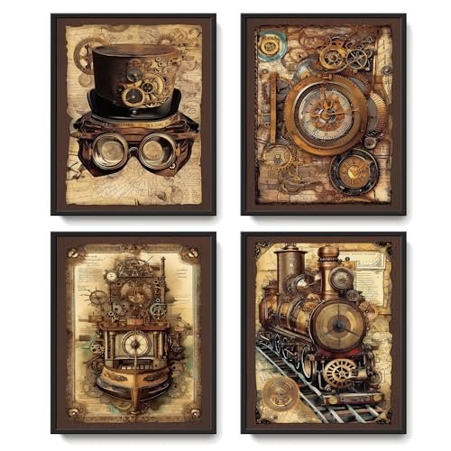 LARTSFRO Vintage Steampunk Wall Art Decor Posters Prints, Punk Room Bedroom Bathroom Dorm Wall Art Decor, Vintage Industrial Train Clock Hat Ship Posters Wall Decor for Home Office Man Cave Decor, 10x8 Inch Set of 4 Pcs Pictures (UNFRAMED)