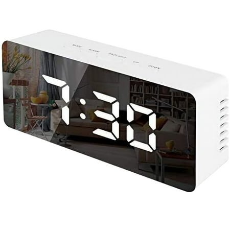 LED Digital Alarm Clock Mirror Display | Large 12/24Hr Time Temperature Snooze | Rectangular White ABS | Easy Read USB/Battery Powered | Bedroom Home Office | 140x55x34mm