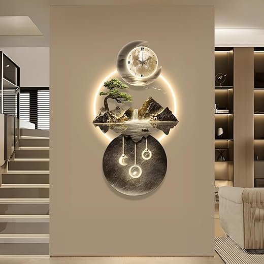 LED Light Art Wall Decor, 3D Art Wall Decor Clock, Decor Wall Sculptures with Lights, Modern Home Decor Landscape Wall Sculpture, Plug-in Power Supply, Gold C, 19x39IN