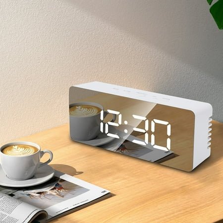 LED Mirror Alarm Clock with Temperature Display and Adjustable Backlight, USB/Battery Powered Digital Clock for Bedroom, Office, or Travel Use NAJKZA | White