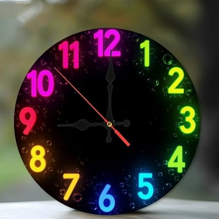 LED Neon Colorful Wall Clock for Home Decor 10-Inch Silent Wooden Wall Clock, Battery Operated (AA Batteries Not Included), Artistic Home Decor