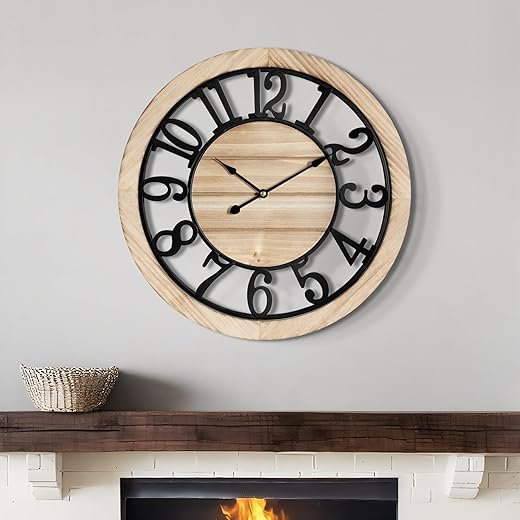 LEIKE 16 Inch Large Wall Clock - Rustic Wooden Silent Non-Ticking Wall Clock with Black Metal Frame, Vintage Farmhouse Decorative for Living Room, Bedroom, Kitchen - Arabic Numerals, Modern Design