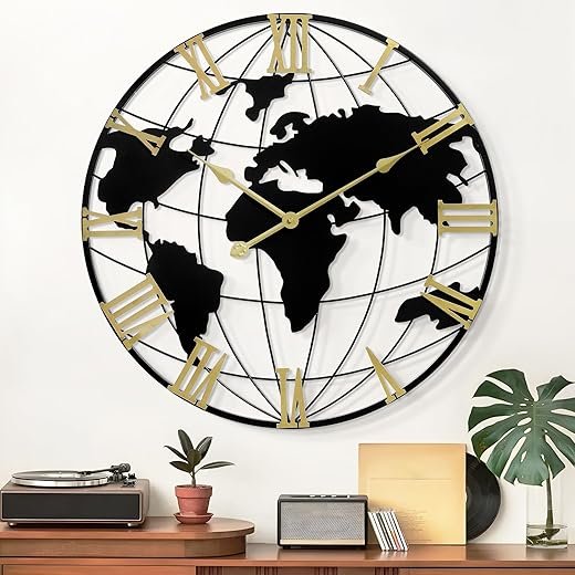 LEIKE Large Wall Clock 16IN, World Map Modern Style Wall Clocks, Big Clock for Wall Living Room Decor, Office Wall Decor, Silent Non-Ticking for Bedroom, Kitchen, School