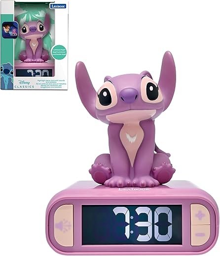 LEXiBOOK, Disney Stitch, Angel Night Light Alarm Clock, Sounds and Melodies, Backlit LCD Screen, Luminous, Snooze, Pink, RL800D1