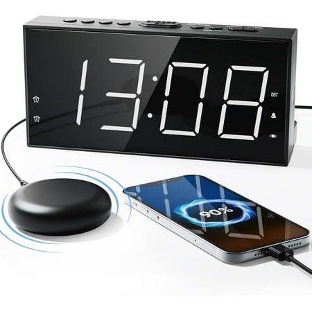 Loud Alarm Clock with Bed Shaker for Heavy Sleeper, Dual Vibrating Alarm Clock with USB Charger for Hard of Hearing/Deaf, 7.5’’ Large LED Display with Dimmer, Snooze, 12/24H & Battery Backup