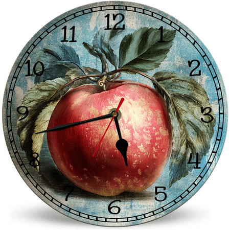 Lucidhisun Vintage Apple Funny Wall Clocks Silent Non-Ticking Battery Operated Clock 10in, Rustic Farm Apple Wall Clocks for Bedroom, Bathroom, Living Room, Kitchen, Office, School