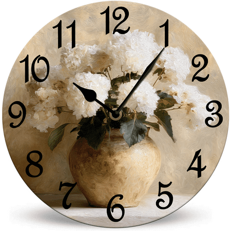 Lucidhisun White Hydrangeas In A Vintage Pot Wooden Clock 10in Silent Non-Ticking Battery Operated Wall Clock, Rustic Farmhouse Decor Wall Clock for Kitchen Living Room Bedroom Bathroom