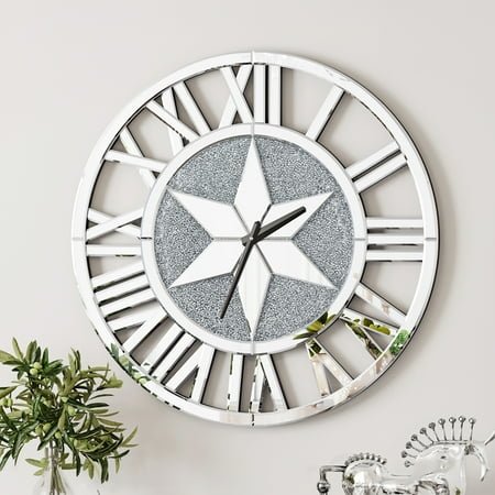 LUVODI 23.6”Round Decorative Wall Clock Silver Glass Mirrors with Roman Numerals Crush Diamond Clocks