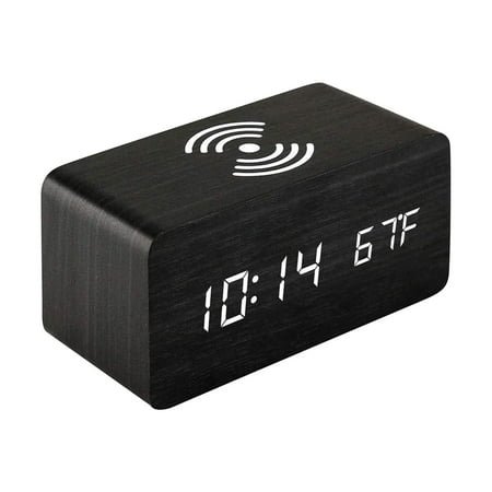 MagicXflow Alarm Clock,Wooden Digital Alarm Clock with Wireless Charging,Charging Clock,LED Digital Clock with Temperature Display, Alarm Clock with Multiple Alarms,Sound Control,12/24H-A