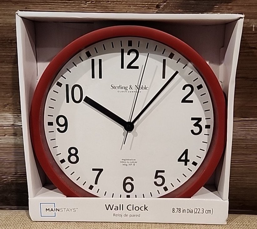 MAINSTAYS RED WALL CLOCK HOME ROUND CLASSIC QUARTZ KITCHEN CLOCK 8.5 Diameter
