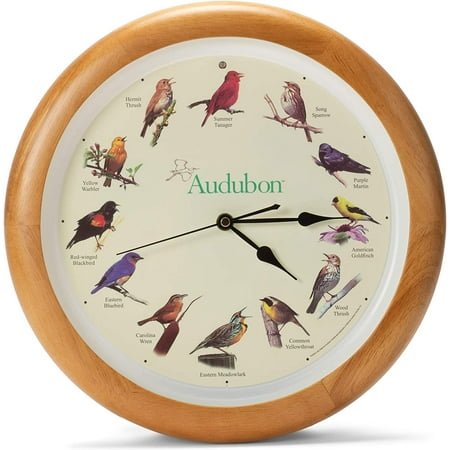 mark feldstein, audubon singing bird wall clock, 13 inch, premium oak
