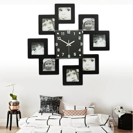 Masteelf Creative Wooden Wall Clock with 8 Photo Frames Decorative Silent Hanging Clocks without Battery (Black)