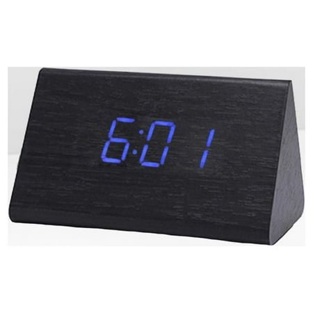 Masteelf Modern Triangle LED Wooden Alarm Clock Classical Digital Sound Control Desk Clock Thermometer (Black Wood and Blue Light)