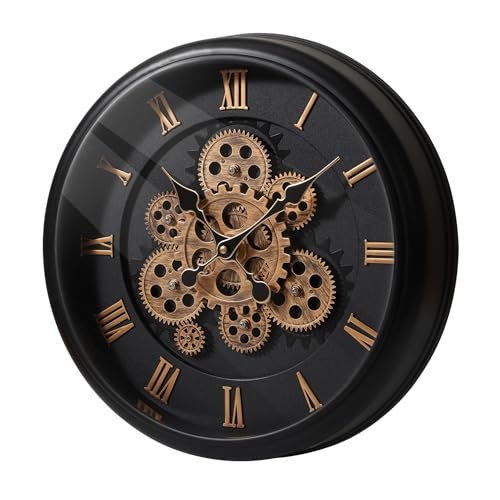 Maxstar Large Moving Gear Wall Clock,16" Vintage Mechanical Battery Operated Industrial Wall Clocks for Farmhouse Living Room,Home Office, Dinning Room, Kitchen, Steampunk Decor-Black,Roman Numeral