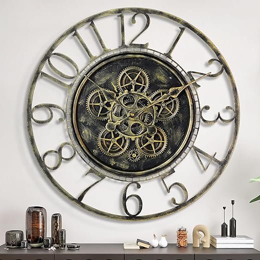 Maxstar Large Moving Gear Wall Clock for Living Room Decor,Vintage Industrial Steampunk,Metal Wall Clock Decorative for Home Office, Dinning Room,Farmhouse(Antique Brass,Arabic Number,30 INCH)