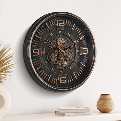Maxstar Large Vintage Moving Gear Wall Clock, 20''Battery Operated Industrial Steampunk Metal Decor for Living Room, Office,Fireplace, Farmhouse(Arabic Number-Bronze)