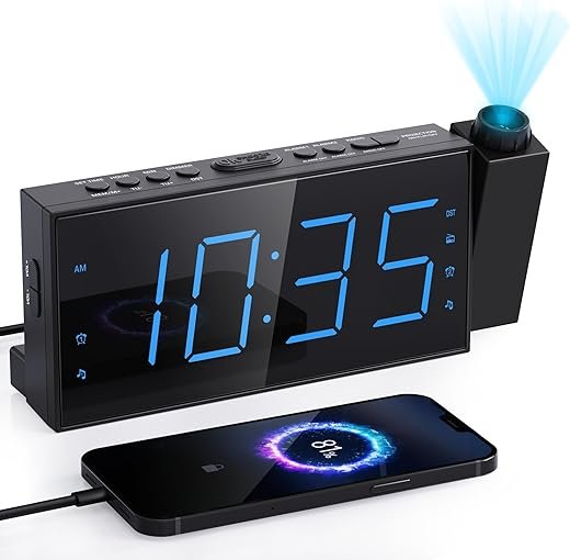 Mesqool FM Radio Projection Alarm Clock for Bedroom, Large LED Display with Dimmer, Dual Alarms, USB Charger, Sleep Timer,Clock Radio for Heavy Sleepers