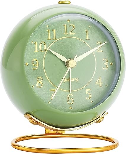 Metal Desk Clock, Retro Bedroom Table Vintage Analog Alarm Clock, Silent Non-Ticking Gold Clock, Bedside Décor(Olive-Green)