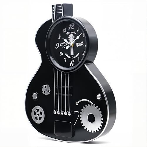 Metal Guitar Wall Clock Musical Decor for Music Lovers,H16 inches Guitar Players, Music Teachers, Studio, Bedroom, Office Silent Non-Ticking Clock – Black Industrial Steampunk Style Gift for Men