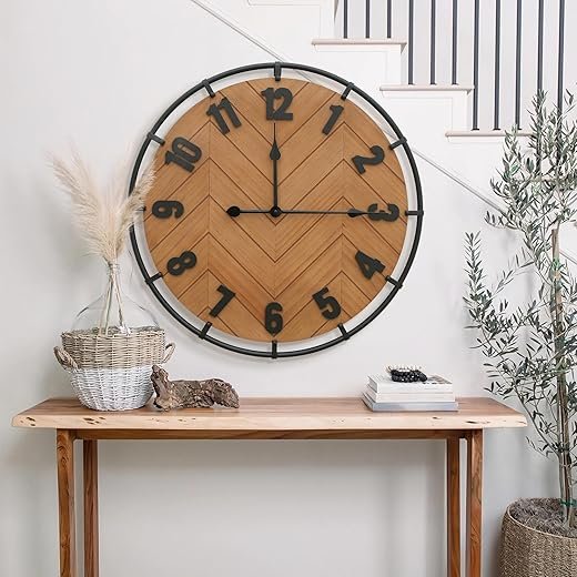 Micasso Large Farmhouse Wall Clock: 27 Inch Rustic Antique Wood Silent Battery Operated Clock with Metal Circle and Large Numerals for Living Room/Bedroom/Office