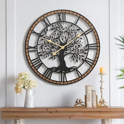 Micasso Non-Ticking Oversize Wall Clock: 32Inch Tree of Life Metal Black with Solid Wood Frame - Silent Battery Operated Clock for Living Room/Fireplace/High-Ceiling - Home Decor for Housewife