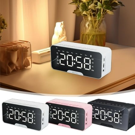 Mirror Digital Alarm Clock with Bluetooth 5.0 Speaker, Built-in Temperature Display, TF Card Slot, Portable Rechargeable Battery, USB Powered Modern LED Clock for Home Office Desk Bedside Travel