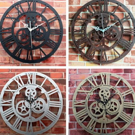 MLINS Creative Retro Gear Wall Clock Made of Wood for Bedroom Kitchen Living Room Decor Black 1Pc