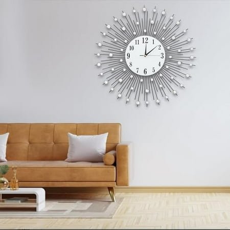 Modern 3D Crystal Flower Shape Wall Clock,23.62in Vintage Metal Silver Mirror Sparkling Bling Diamond-Studded Round Digital Wall Decor Clock Housewarming Gift for Living Room Bedroom Office Hotel